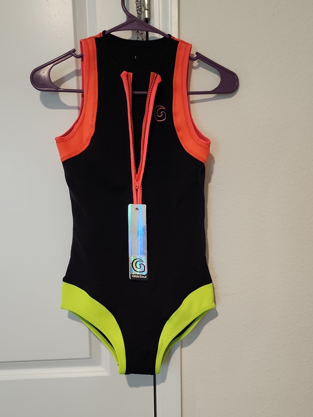 GlideSoul Women’s Black Swim Bodysuit with Neon Coral and Neon Yellow Accents